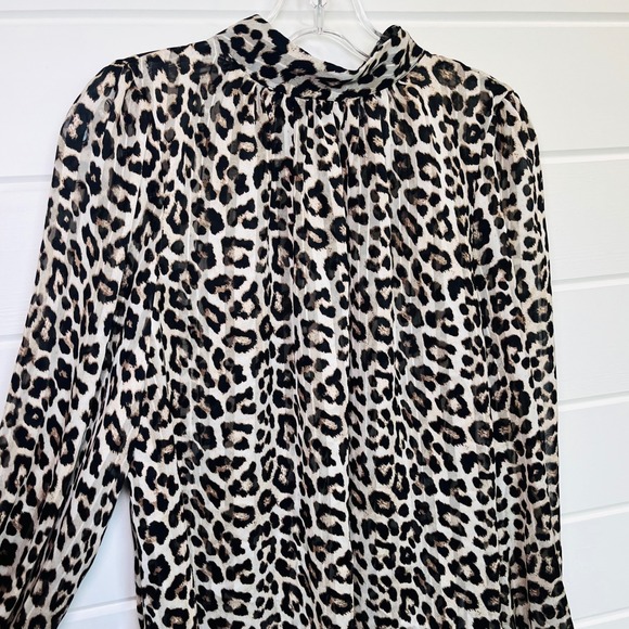 H&M Tops - H&M Leopard Print Sheer Blouse Womens L Brown Mock Neck Long Sleeve Chic Office